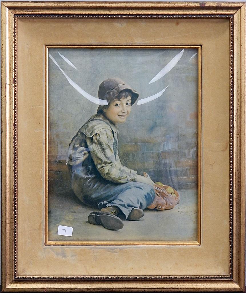 Old Print Of Boy, In Convex Frame - 12½" X 14½"