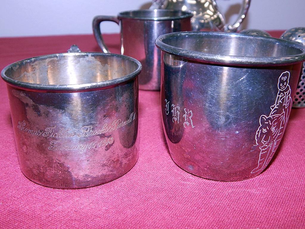 3 Vintage Silver Baby Cups; Creamer; Salt & Pepper Shakers W/ Cobalt Insert