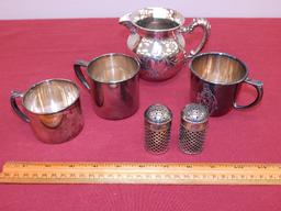 3 Vintage Silver Baby Cups; Creamer; Salt & Pepper Shakers W/ Cobalt Insert