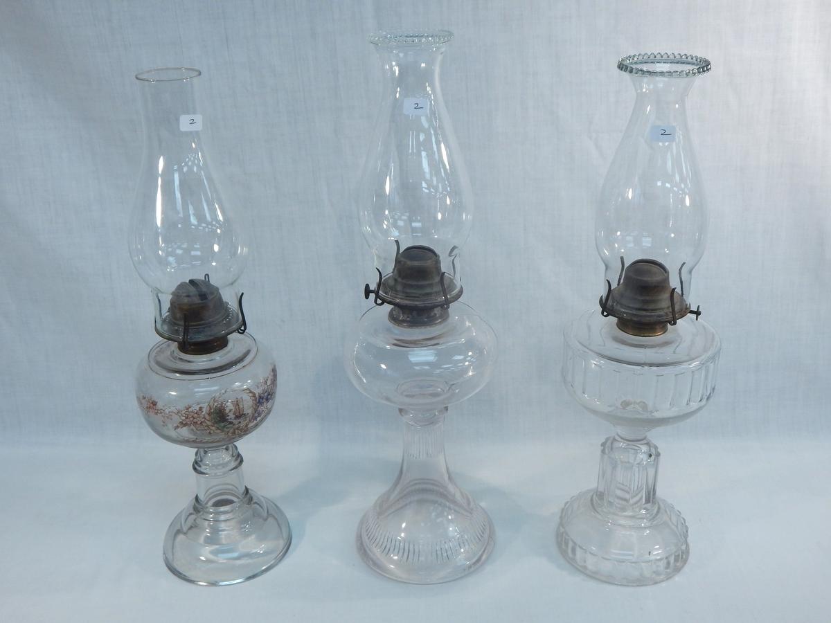 3 Old Oil Lamps - 1 W/ Ship & Flowers, 18½"; 2 Misc., 19½" & 18½" - ( All H