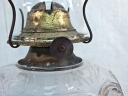 3 Old Oil Lamps - 1 W/ Iron  Base & Green Font, 18"; Patterned Glass, 17½";