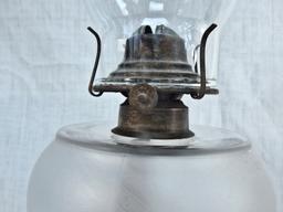 2 Old Oil Lamps - 1 W/ Frosted Font, 20"; 1 W/ Acid Etched Shade, 19½" - (