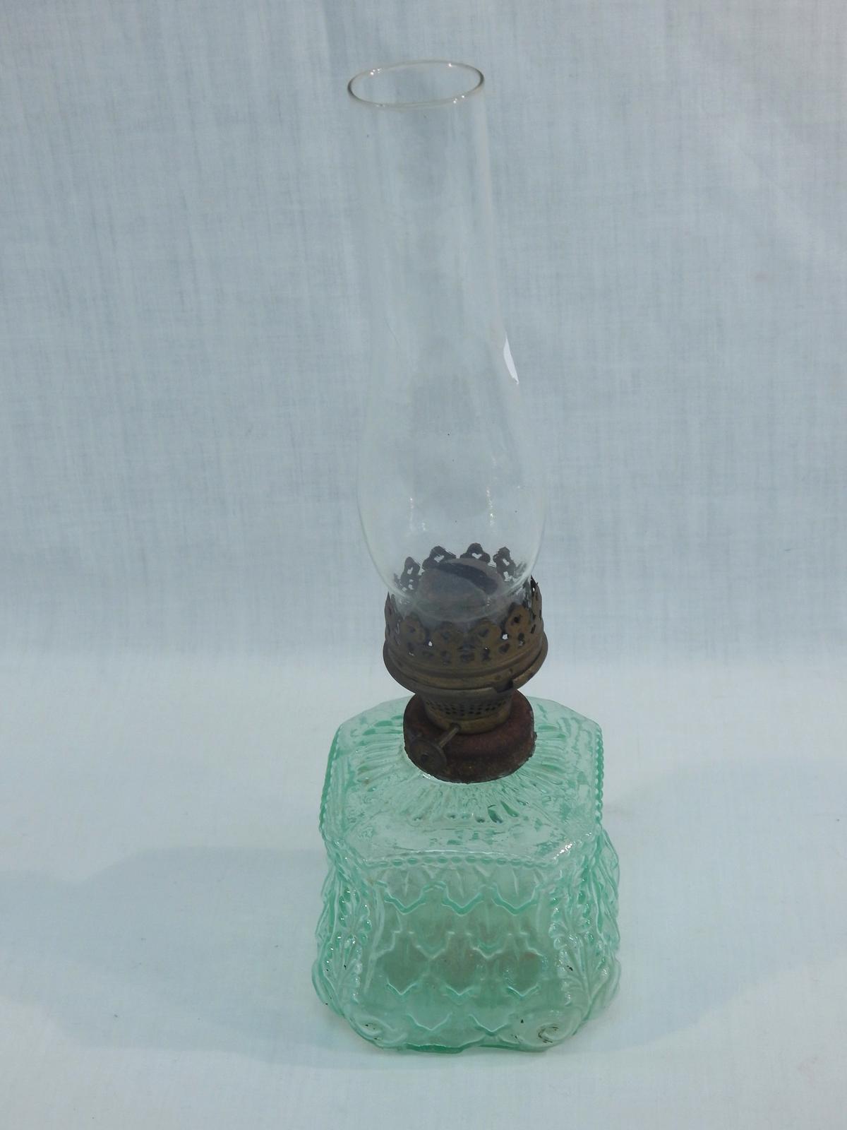 Small Old Oil Lamp - Patterned Glass, 12"