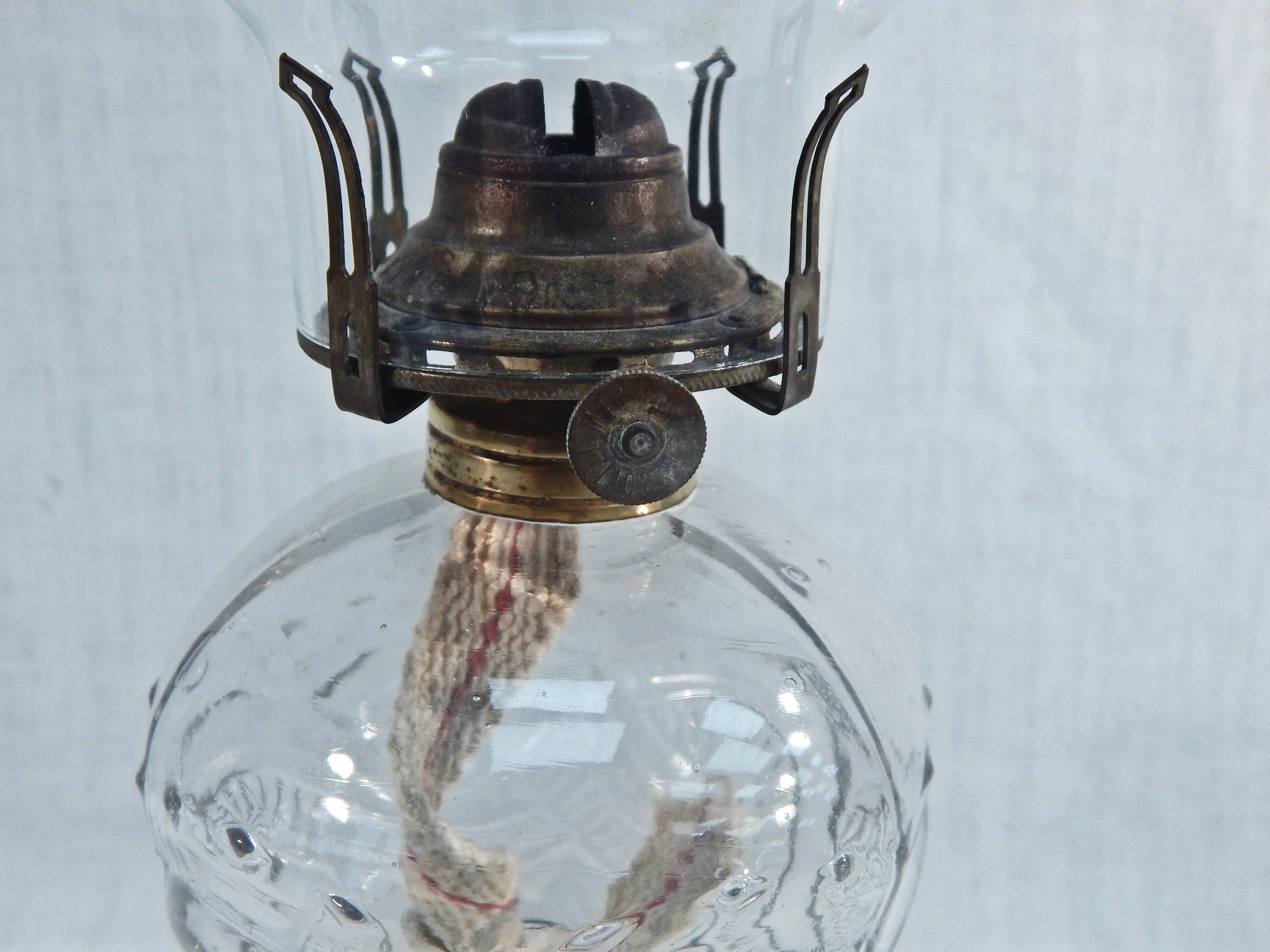 Old Oil Lamp - W/ Glass Base & Patterned Glass, 20"