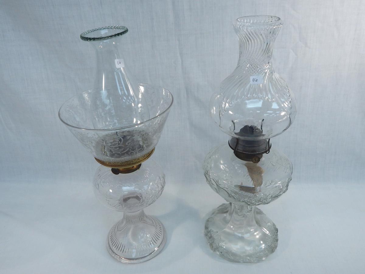 2 Old Oil Lamps - Patterned Glass, 18"