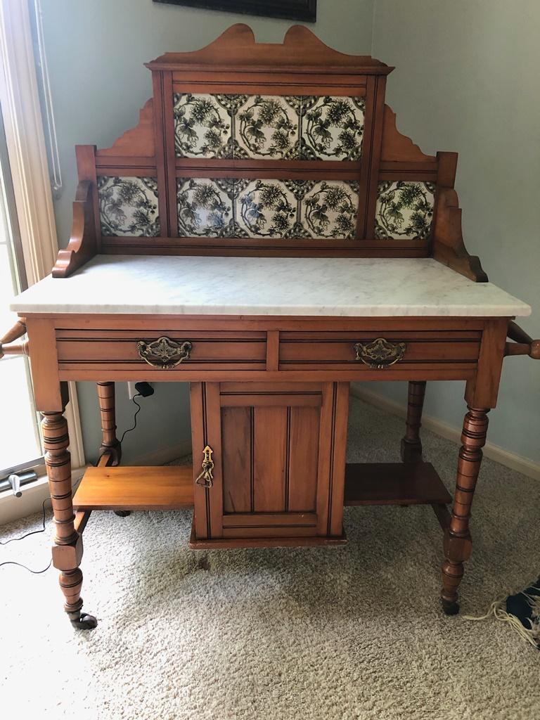 Marble-Top English Washstand W/ Green Transferware Tile Back - 43"w X 19"d