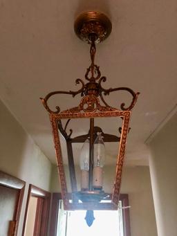 Chandelier - Circa 1968 Brass Open Frame Lantern Style, Art Deco Details, 8