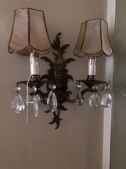 Pair Brass Electric Sconces - Circa 1968, Double Arm Candlestick W/ Crystal