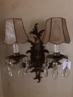 Pair Brass Electric Sconces - Circa 1968, Double Arm Candlestick W/ Crystal