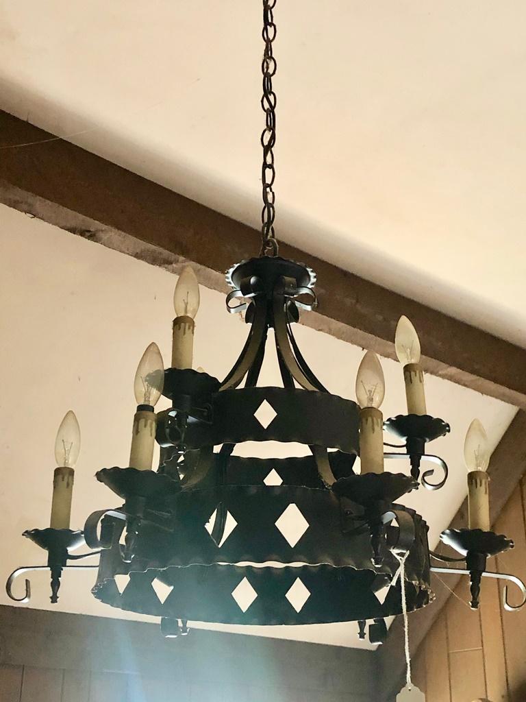 2-tier Metal Chandelier - Circa 1968, 9 Candlestick Lights, Diamond Cut Out