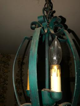 Green Metal Electric Chandelier - Circa 1968, Open Scroll, 3 Candlestick Li