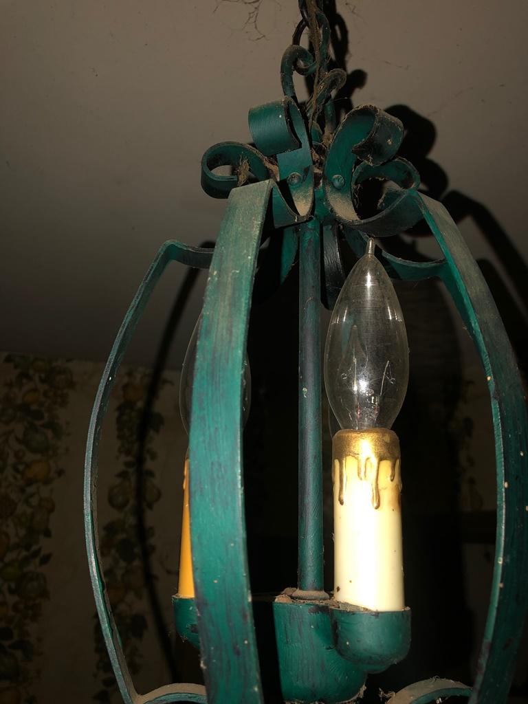 Green Metal Electric Chandelier - Circa 1968, Open Scroll, 3 Candlestick Li