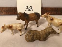 3 Cow Figures & 1 Sheep - Composite, Wood Stick Legs, Putz Germany Etc.