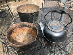 2 Antique Iron Pots; Iron Water Kettle - No Bottom