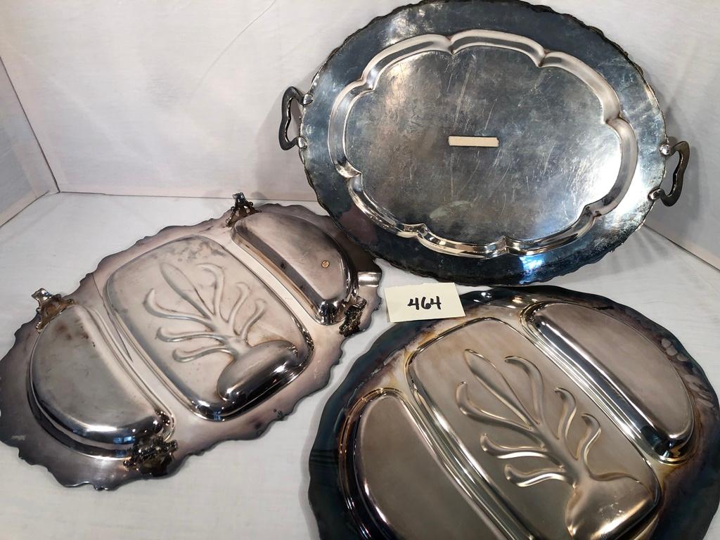 Oval Silverplated Tray - 23"x16"; 2 Large Silverplated Meat Trays