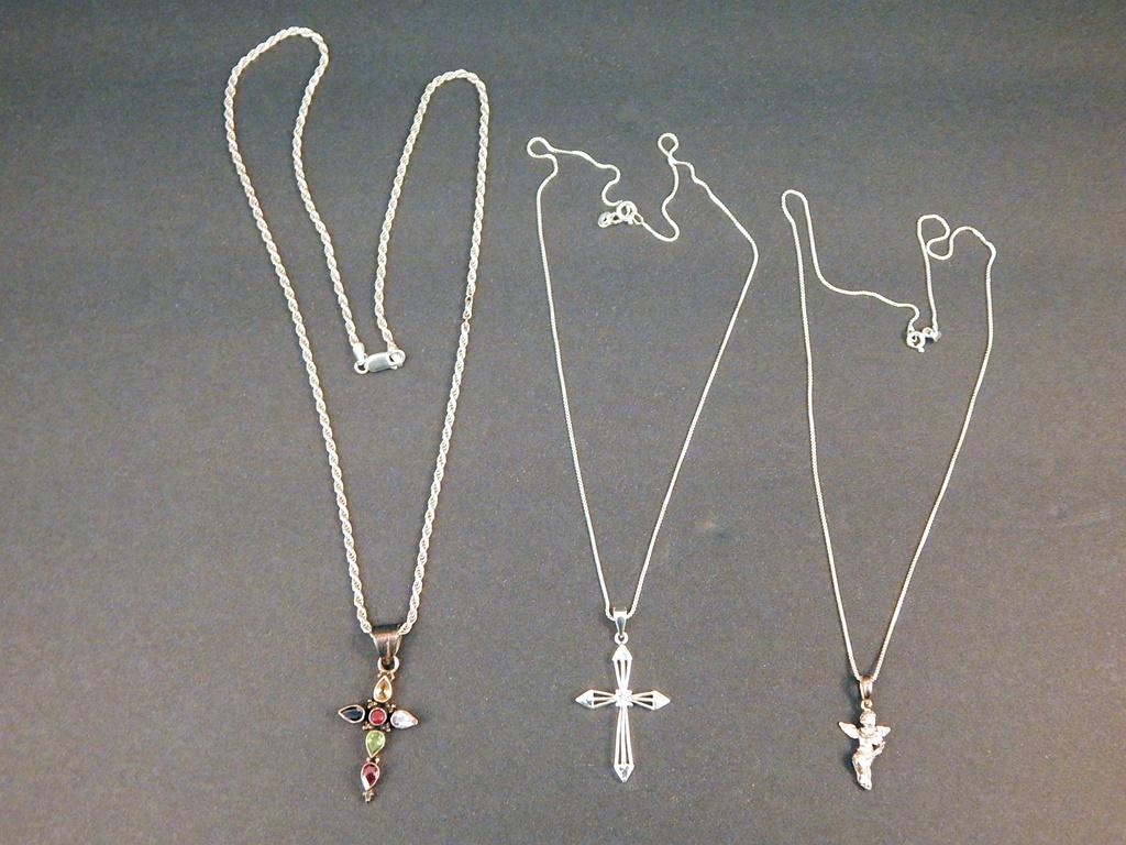 2 Sterling Necklaces W/ Cross Pendants; Sterling Necklace W/  Angle Pendant