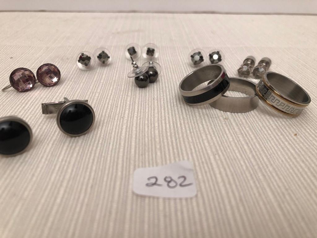 3 Men's Stainless Steel Band Rings; Pair Cufflinks; 6 Pair Ladies Earrings