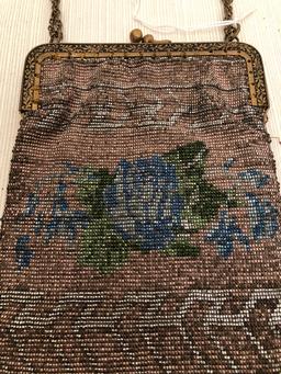 Finely Beaded Ladies Evening Bag W/ Chased Frame - Minor Bead Loss On Tasse