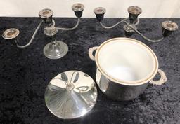 Pair Silverplated Candelabras - Gorham; Silverplated Ice Bucket W/ Glass In