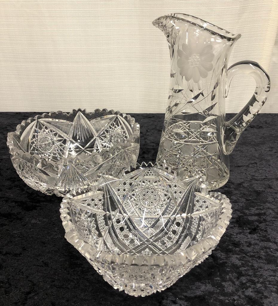 2 Cut Glass Bowls - Minor Bumps; Cut Glass Pitcher