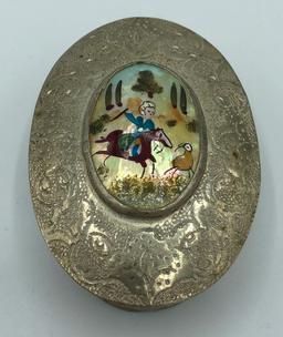 Silver Oval Hinged Box W/ Hand Painted Mother Of Pearl Top & Mirror Underne