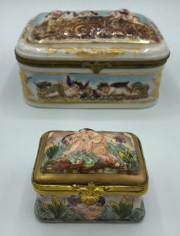 2 Old Capodimonte Hinged Trinket Boxes W/ Raised Cherub Relief Trim - 2¼"x1
