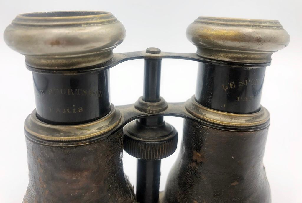 French Leather-Wrapped Binoculars; Old Brass Folding Loop