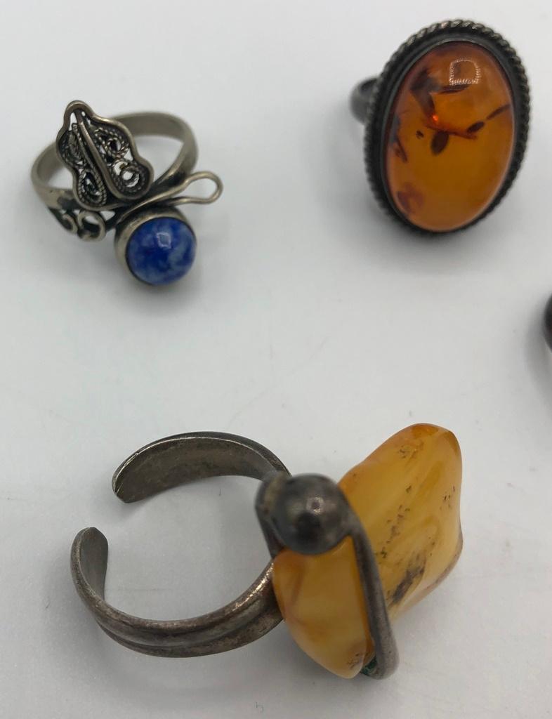 7 Sterling Rings - 2 Are Amber, 1 Is Agate, Sizes 7 Thru 9