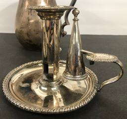 2 Antique Silverplated Chamber Sticks; Silverplated Pitcher; Small Silverpl