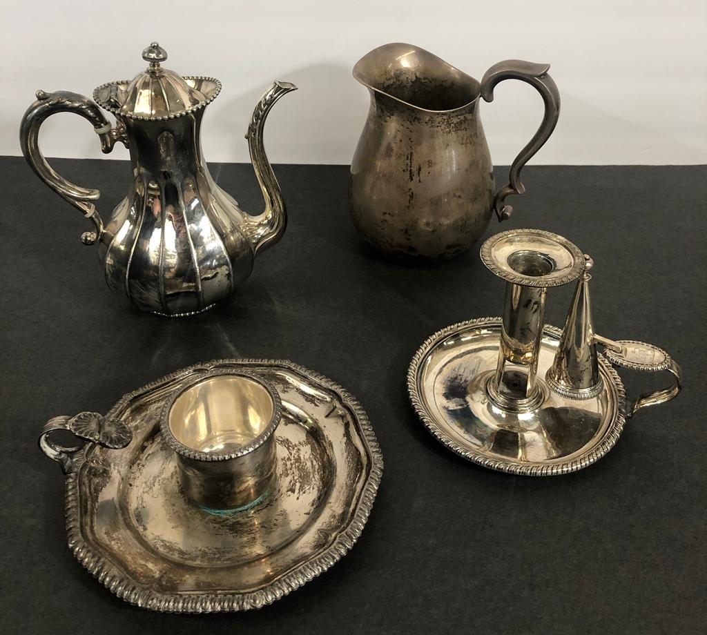 2 Antique Silverplated Chamber Sticks; Silverplated Pitcher; Small Silverpl