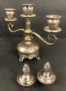 Pair Silver Over Brass Tooled Candelabras