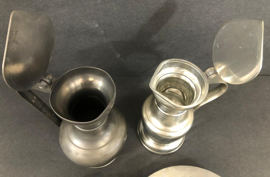 2 Pewter Pitchers - 9" & 8"; 6 Old " London " Pewter Plates - 9"; 2 Stede P