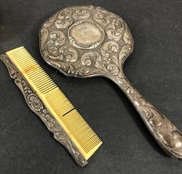 German Silver (835) 11" Hand Mirror Frame, 9½" Brush & Comb - Mirror As Fou
