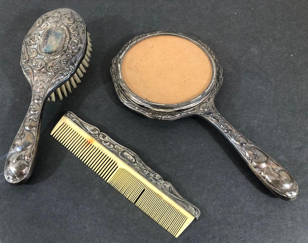 German Silver (835) 11" Hand Mirror Frame, 9½" Brush & Comb - Mirror As Fou