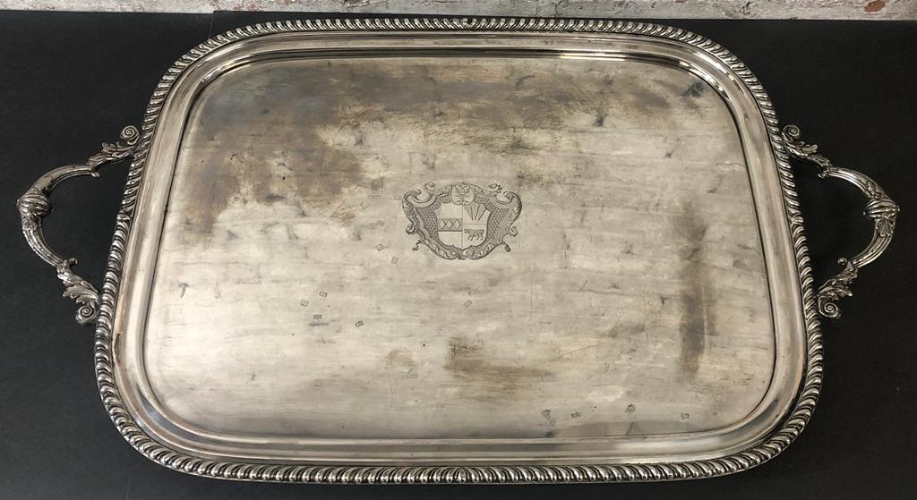 Large Silverplated Tray W/ Engraved Shield - 30"x18"