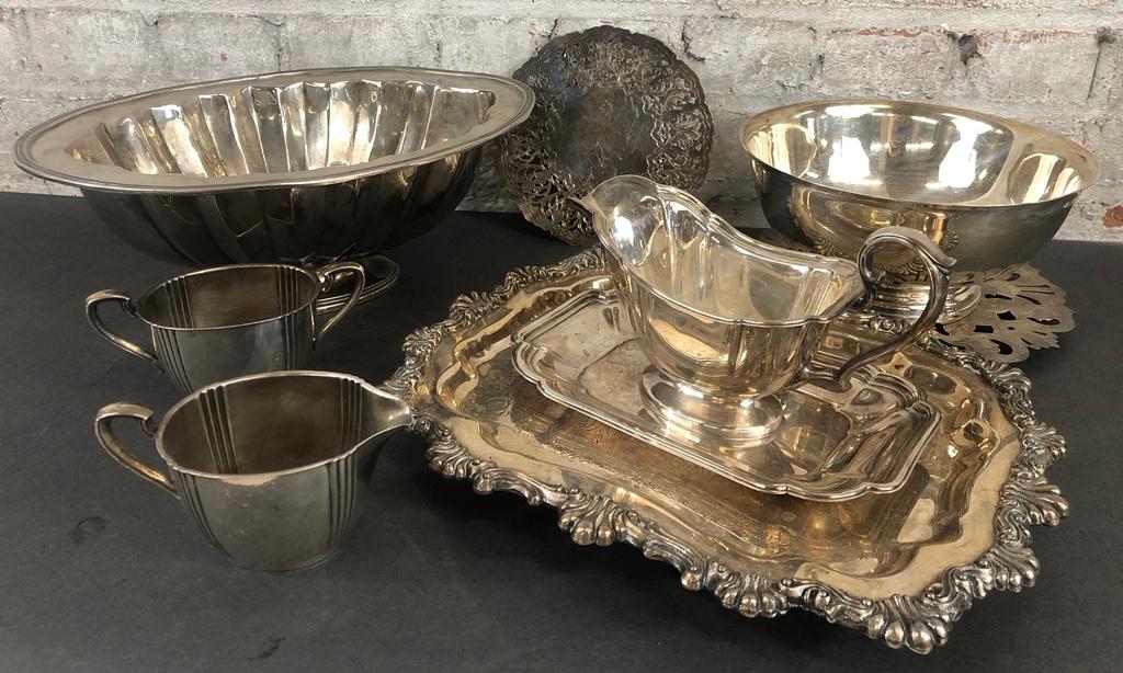 Heavy Silverplated Tray - 14"x11"; 1-piece Silverplated Gravy Boat; Large S