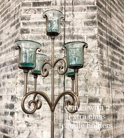 Iron Floor Candelabra W/ Hand Blown Glass Votives - 70", W/ 2 Extra Globes