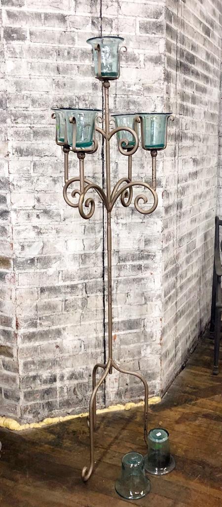 Iron Floor Candelabra W/ Hand Blown Glass Votives - 70", W/ 2 Extra Globes