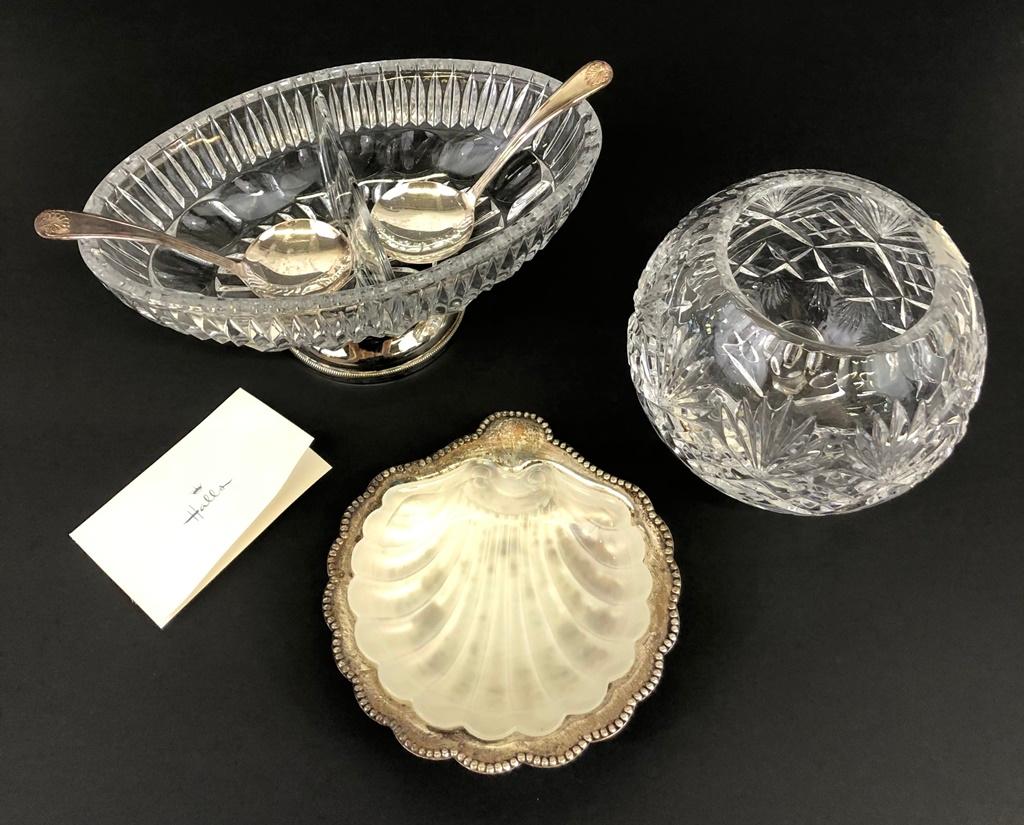 Small Crystal 5" Rose Bowl;     Divided Double Bowl W/ 2 Ladles - 8"x5½";