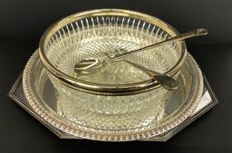 Round Silver Tray W/ Gallery Edge;     Silver & Glass 3-piece Salad Set;