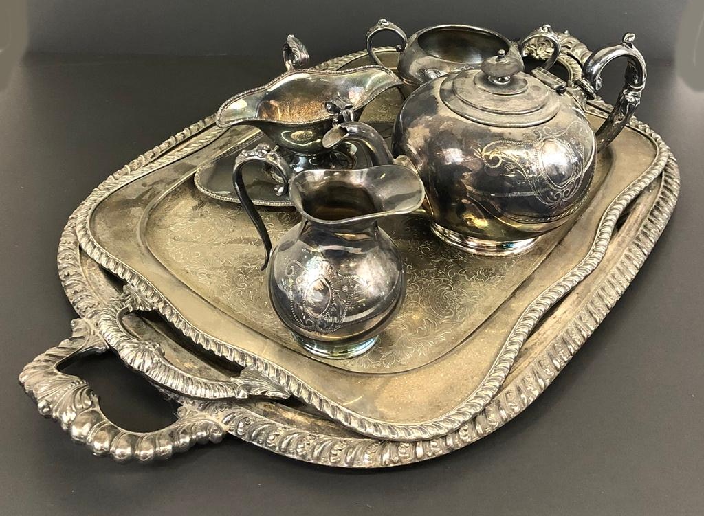 3-piece Silverplated Tea Set W/ 2 Trays & Gravy Boat