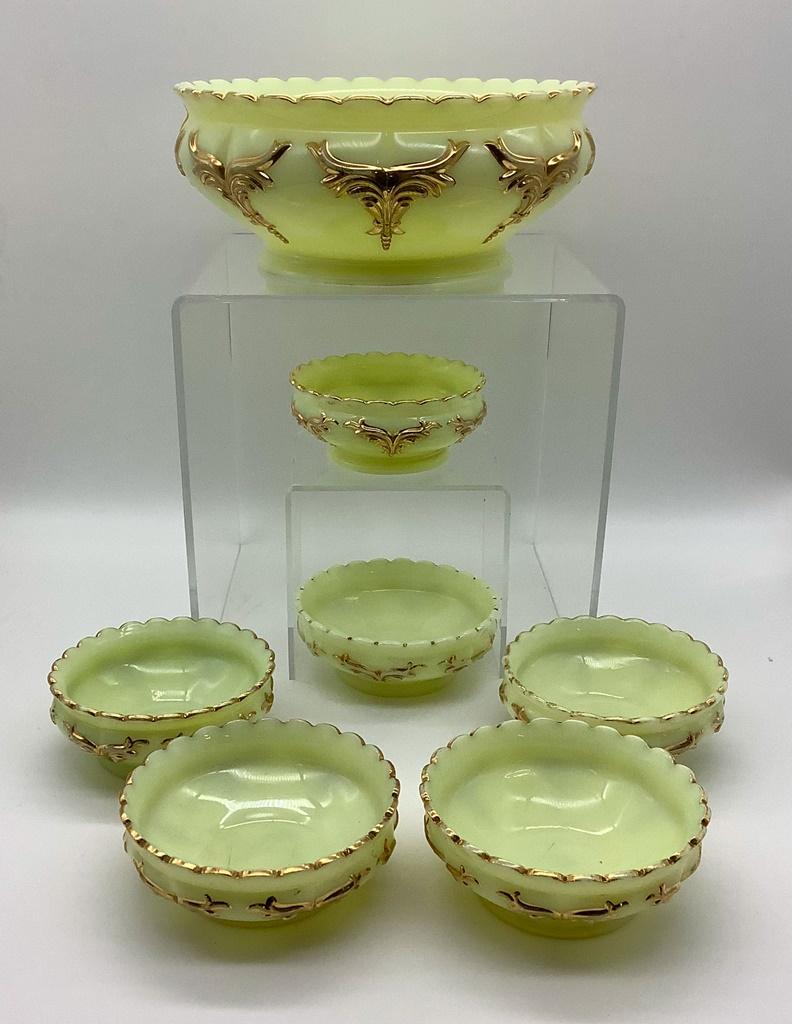 7-piece 1890s Heisey Winged Scroll Custard Glass Berry Set