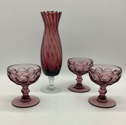 3 Amethyst Glass 1950s Stems;     Amethyst Art Glass Vase - 10" Tall;     2
