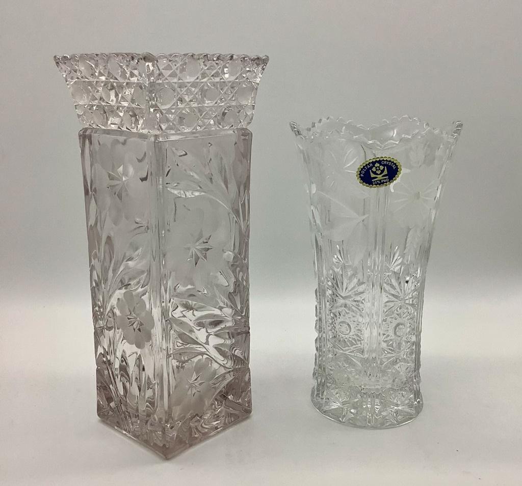 Pair Etched Depression Glass Candlesticks;     Cut Crystal Vase;     Etched