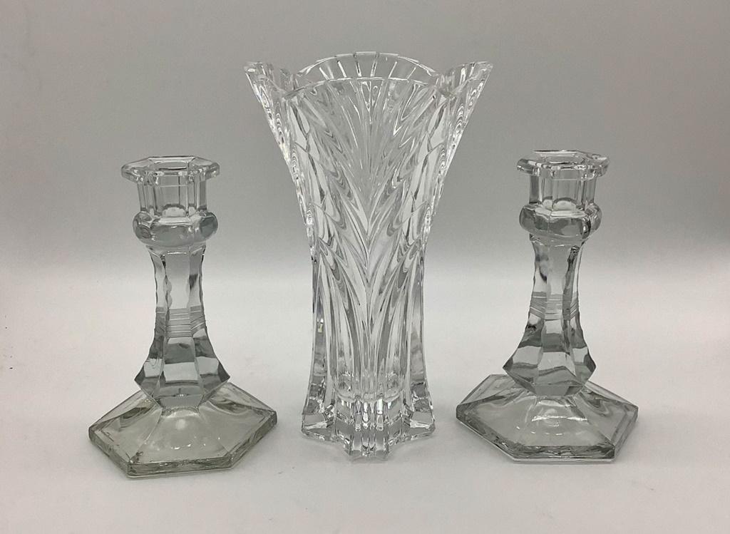 Pair Etched Depression Glass Candlesticks;     Cut Crystal Vase;     Etched