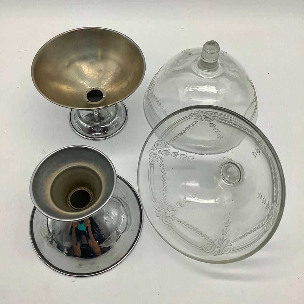 4 Cute Chrome & Removable Glass Sherbets;  Elegant Glass 2-handled Dish