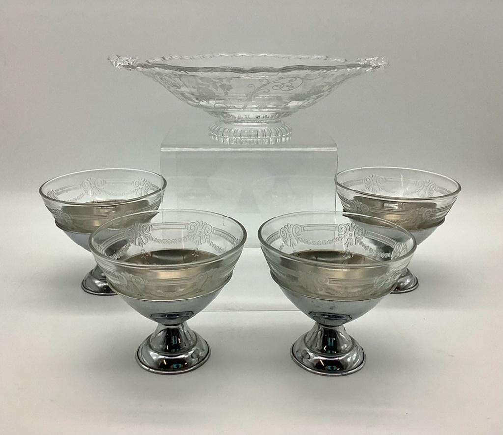 4 Cute Chrome & Removable Glass Sherbets;  Elegant Glass 2-handled Dish