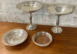 2 Sterling Weighted Compotes, Mint Dish, Glass Coaster - Total 18.98 Ozt