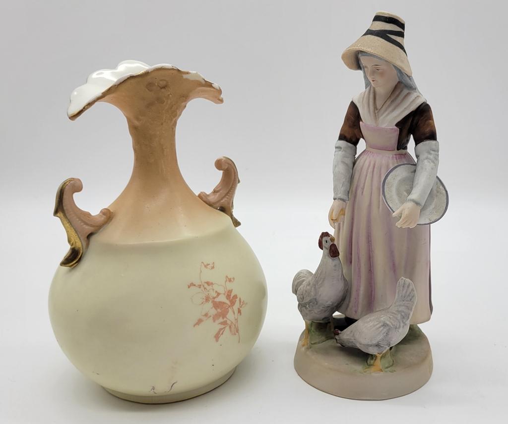 Bisque Figure - French Style, 6" Tall;     Czechoslovakia Hand Painted Vase