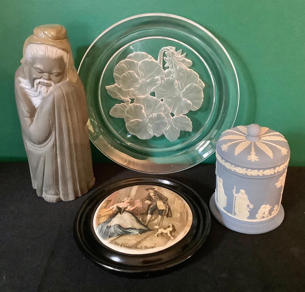 Lladro Figurine;     Wedgwood Lidded Jar;     Framed Staffordshire Pot Lid,